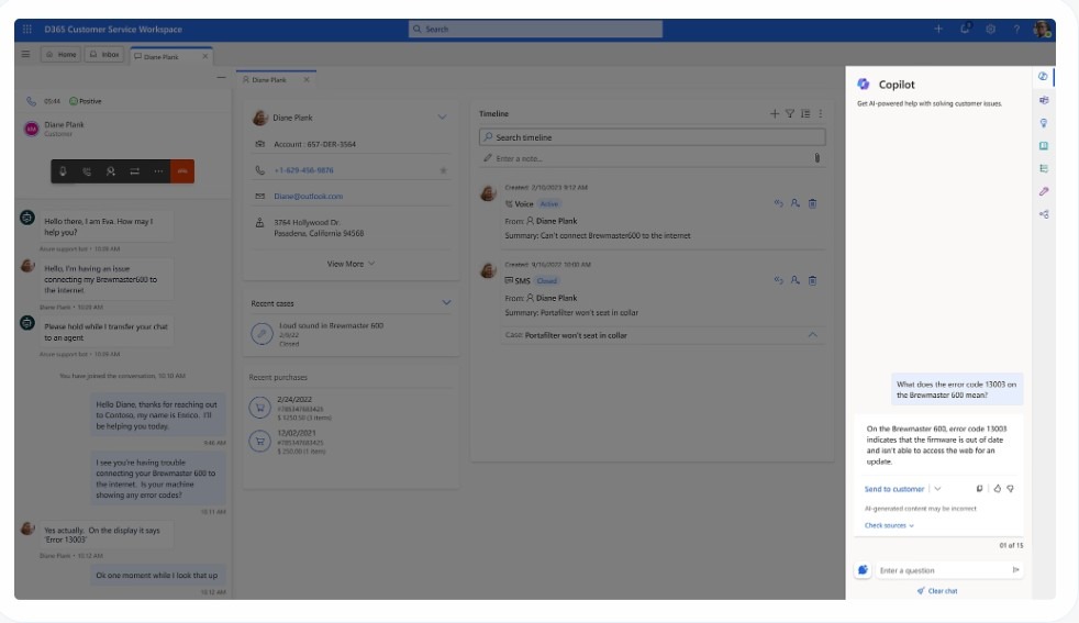 Dynamics 365 Customer Service case view with Copilot